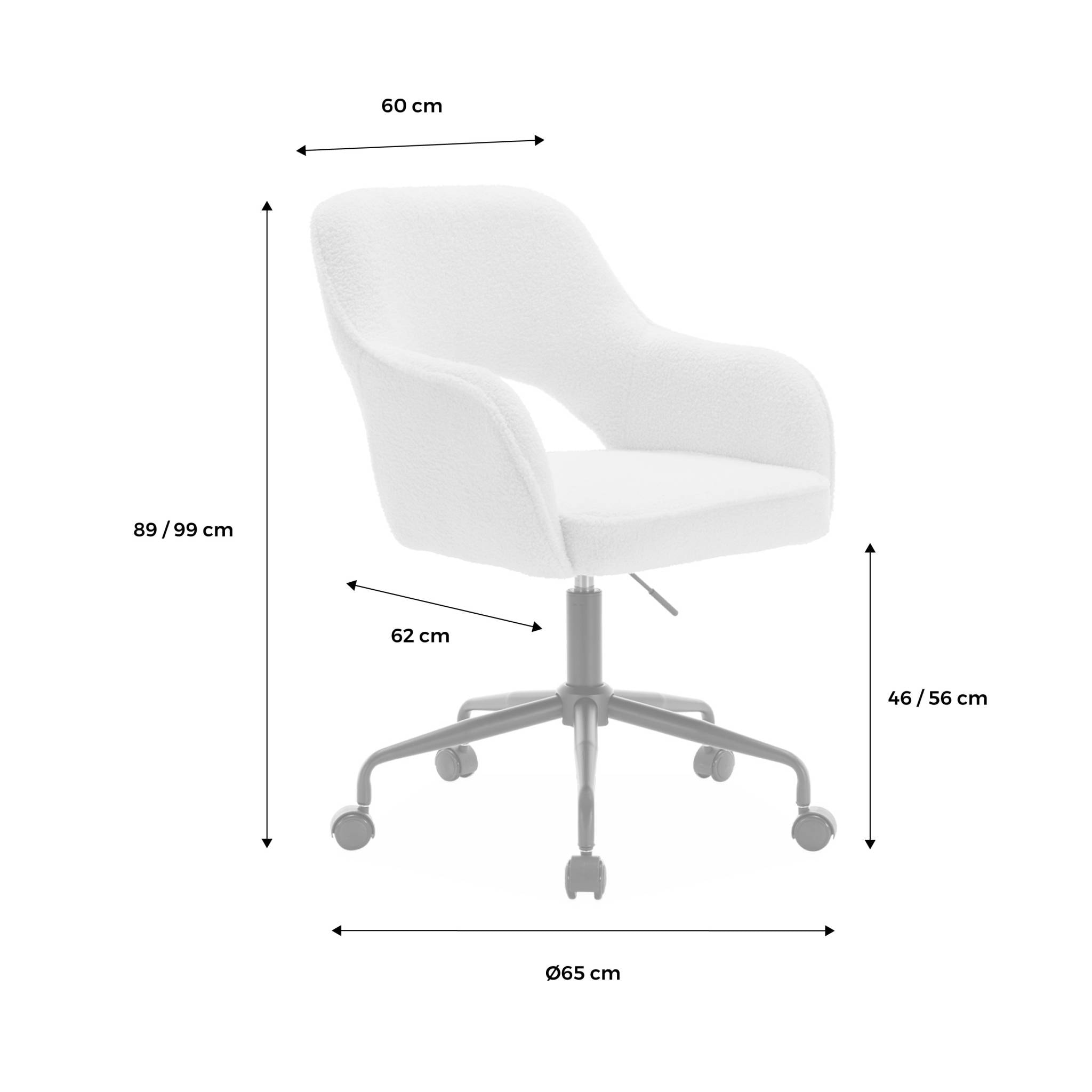 Chaise de bureau à roulettes bouclettes blanche. Jim. L 60 x P 62 x H 89 / 99cm.