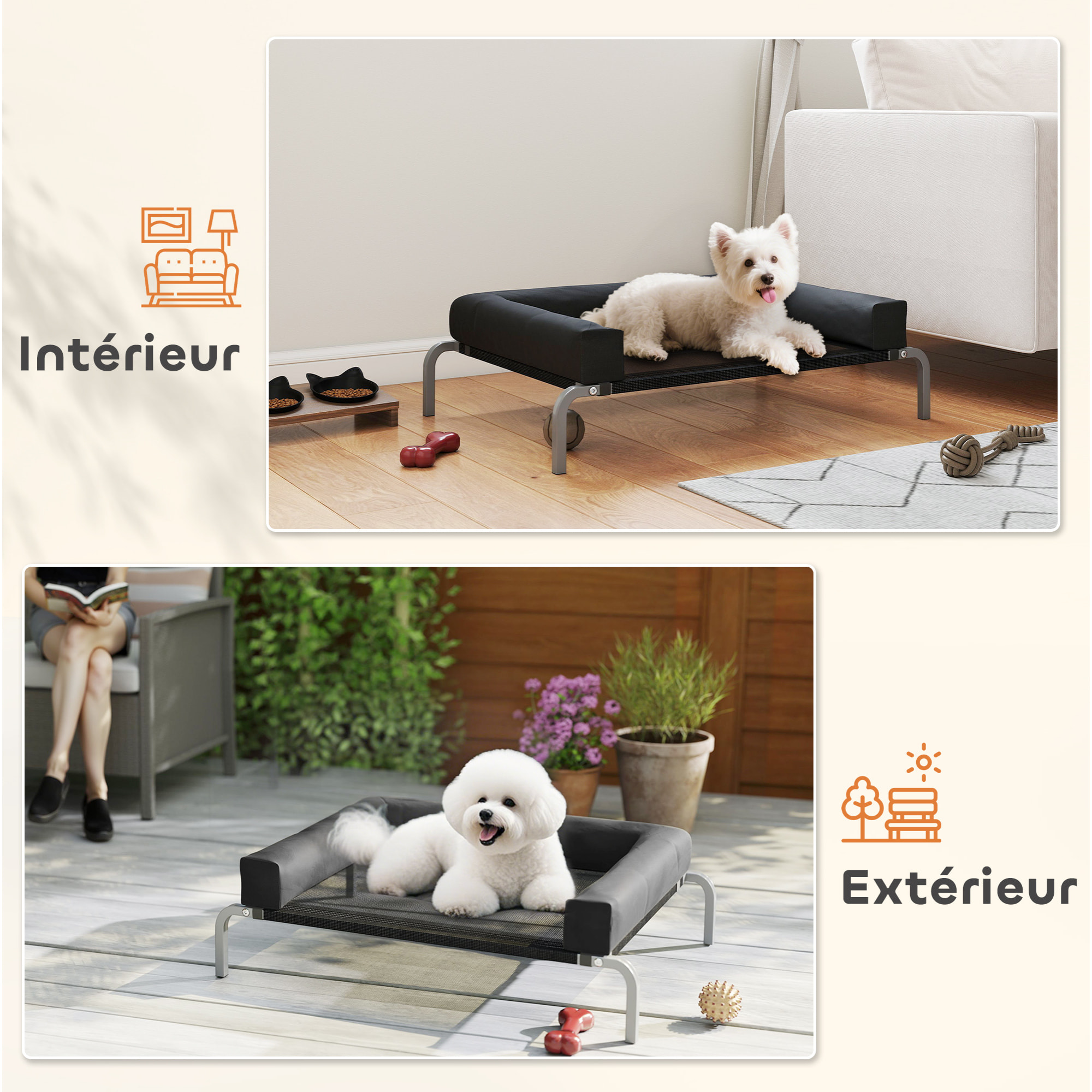 Transat pour animaux - lit pour chien - lit à pieds pour chien avec contour coussin dim. 90 x 65 x 30 cm - noir