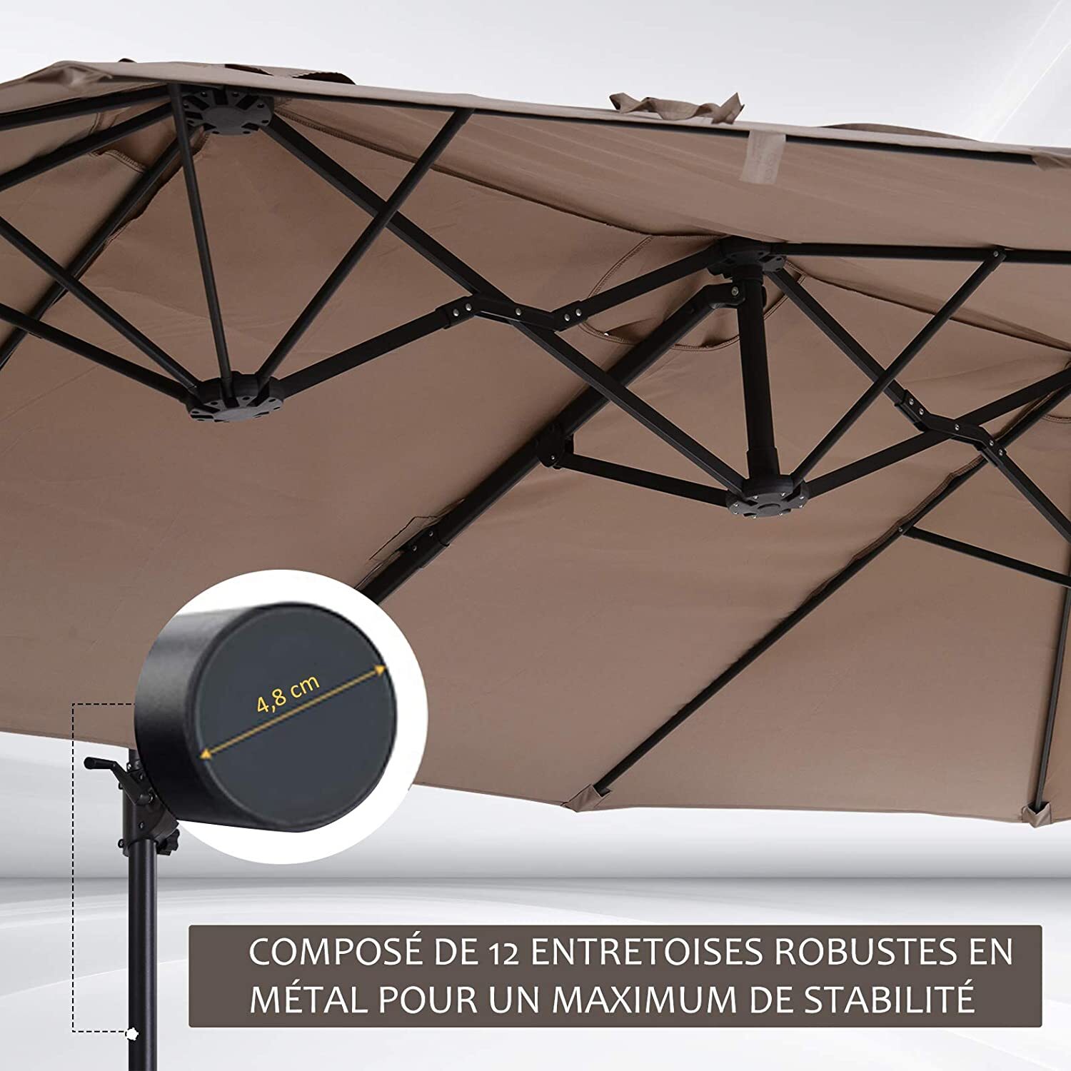 Parasol déporté grande taille XXL inclinable dim. 4,4L x 2,7l x 2,5H m piètement en acier inclus polyester marron