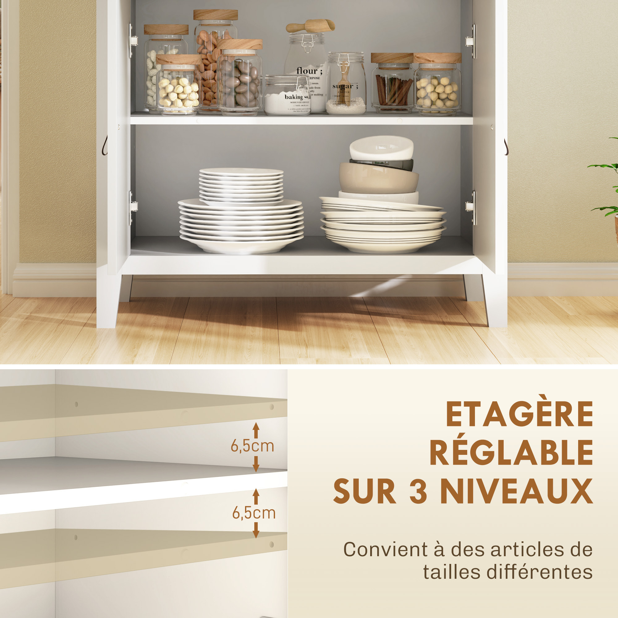 Buffet 2 portes étagère tiroir poignées lanières aspect cuir dim. 80 x 40 x 90 cm blanc effet bois clair