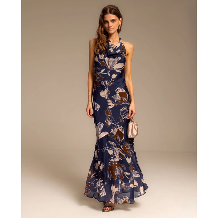 Vestido Largo Floral con Escote Halter Drapeado