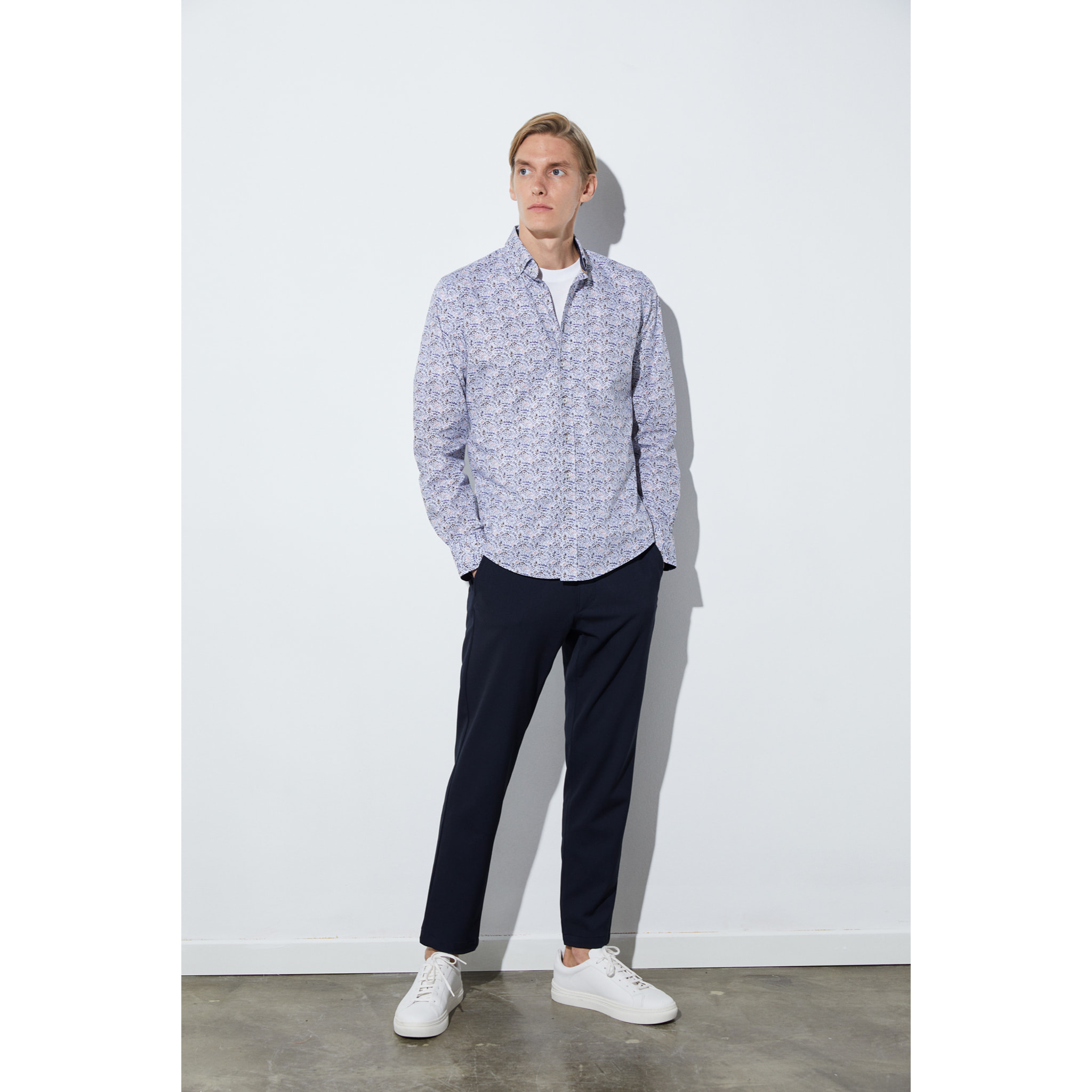 camicia uomo 1 bottone button down slim Popeline Stampato Bianco e Blu