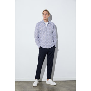 camicia uomo 1 bottone button down slim Popeline Stampato Bianco e Blu