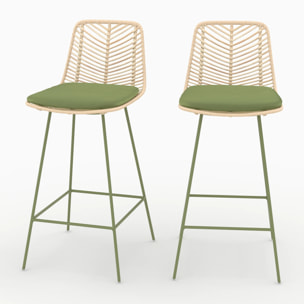 Lot de 2 chaises pour îlot central 66 cm en rotin et tissu vert - Tamara