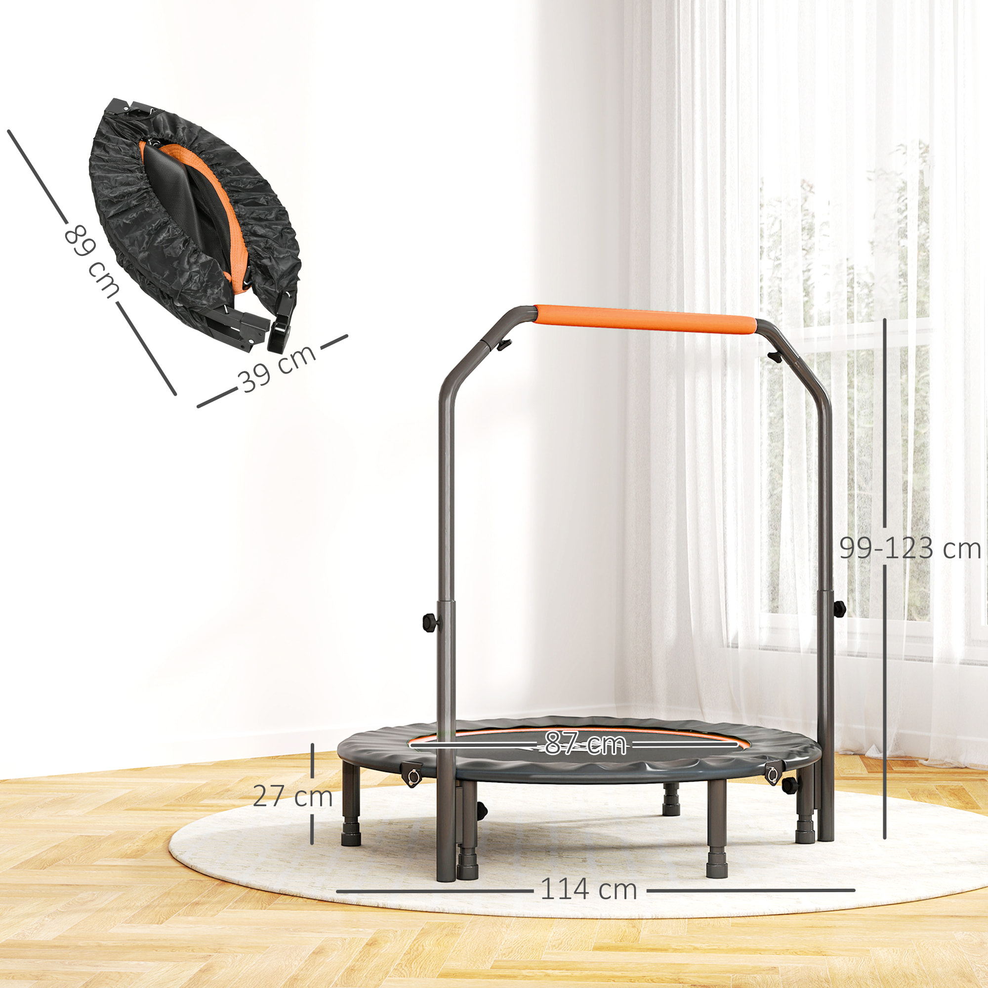 Trampolín de Fitness Adultos Ø114 cm, Cama Elástica Plegable con Mango Ajustable de 4 Niveles, Marco de Acero, para Entrenamiento Piernas, Cuerpo en Hogar, Oficina, Gimnasio, Naranja y Negro