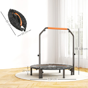 Trampolín de Fitness Adultos Ø114 cm, Cama Elástica Plegable con Mango Ajustable de 4 Niveles, Marco de Acero, para Entrenamiento Piernas, Cuerpo en Hogar, Oficina, Gimnasio, Naranja y Negro