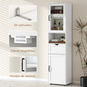 Armario de Baño Alto, Mueble Auxiliar de Baño con Puerta de Vidrio, Estantes Ajustables, Cajón, Estante Abierto, Columna Estrecha para Espacios Pequeños, 40x30x165 cm, Blanco