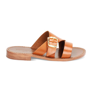 Sandales basses cognac en vache avec boucle