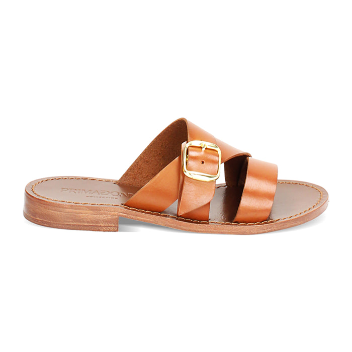 Sandales basses cognac en vache avec boucle