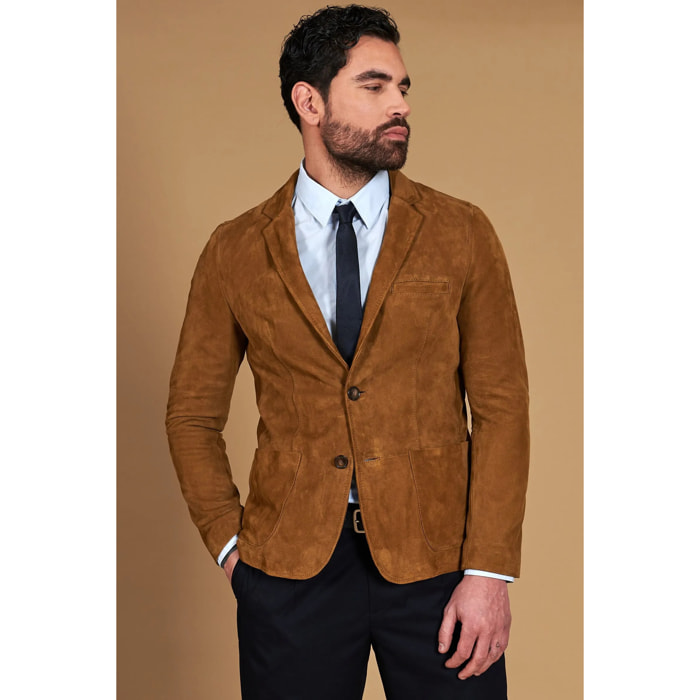 Blazer in pelle scamosciata color cuoio con due bottoni