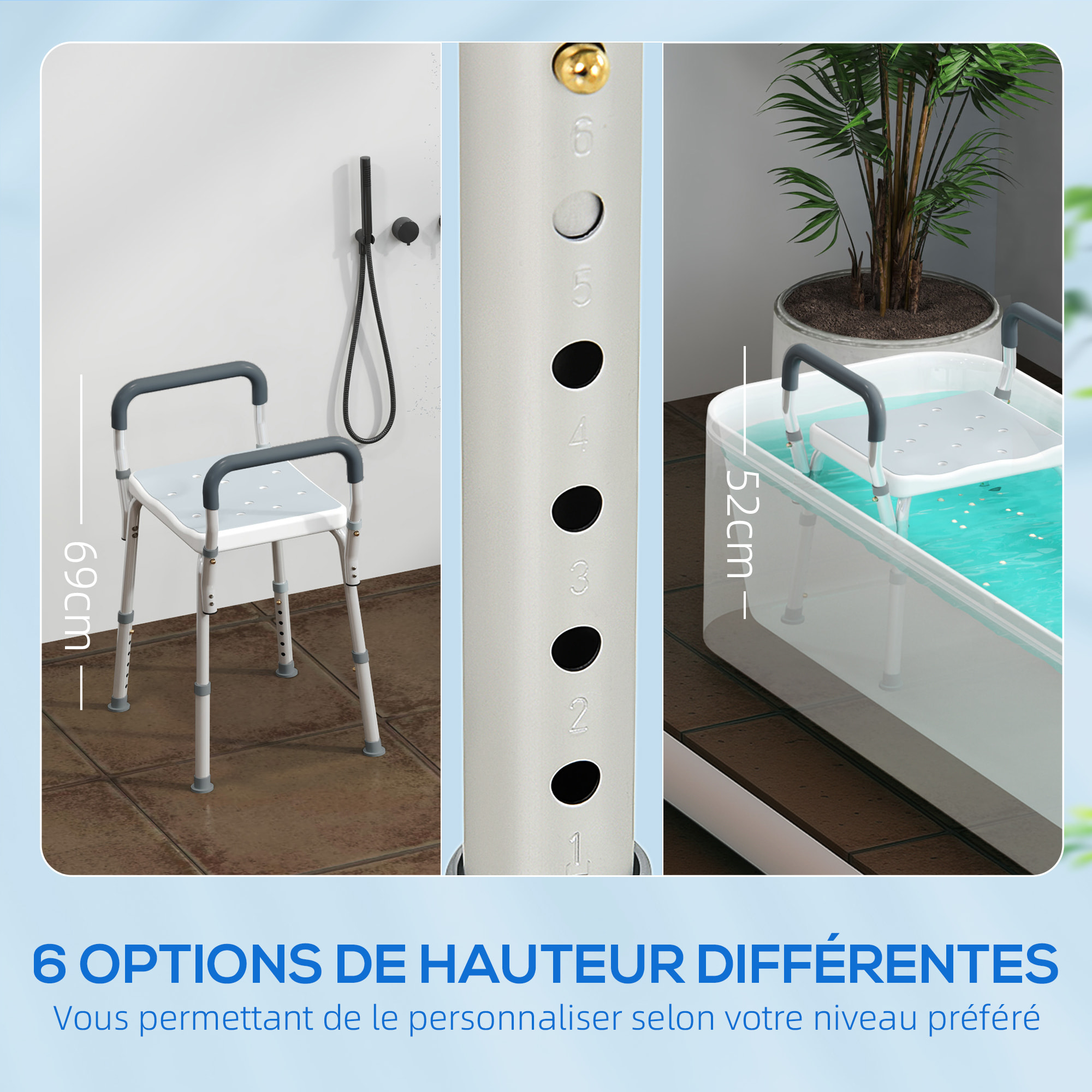 Chaise de douche tabouret de douche antidérapant - hauteur réglable, accoudoirs - alu HDPE bleu