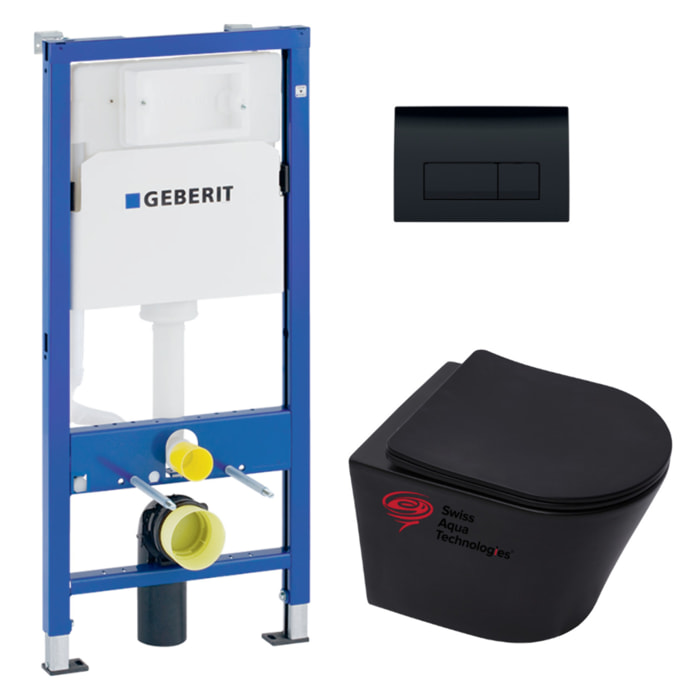 Pack WC sans bride Infinitio Noir mat + Abattant softclose + Bâti support Geberit UP100 + Plaque Noir brillante