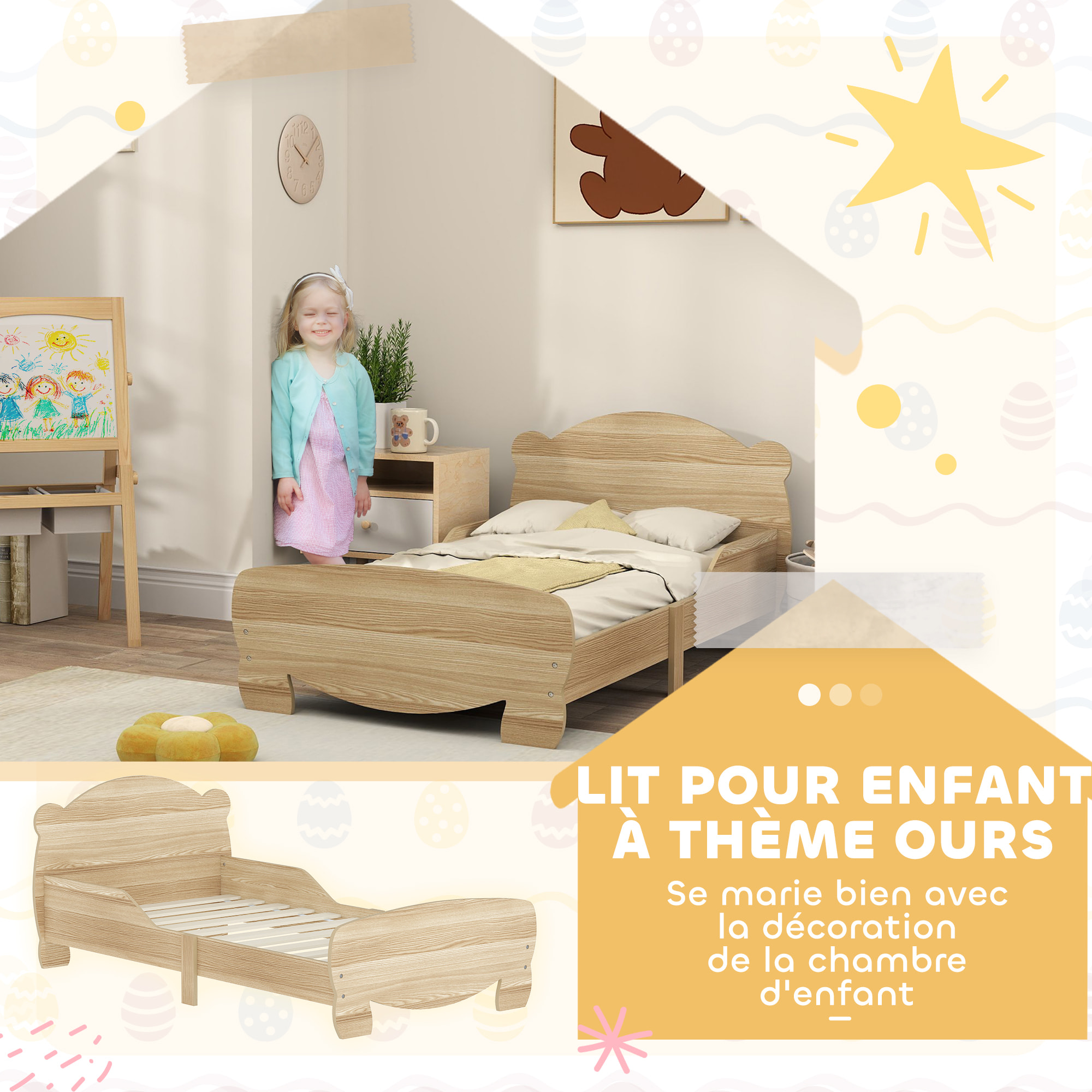 Lit pour enfant 3-6 ans design ourson - sommier à lattes inclus - barrières de sécurité - effet bois naturel