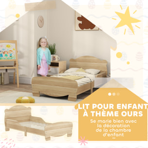 Lit pour enfant 3-6 ans design ourson - sommier à lattes inclus - barrières de sécurité - effet bois naturel