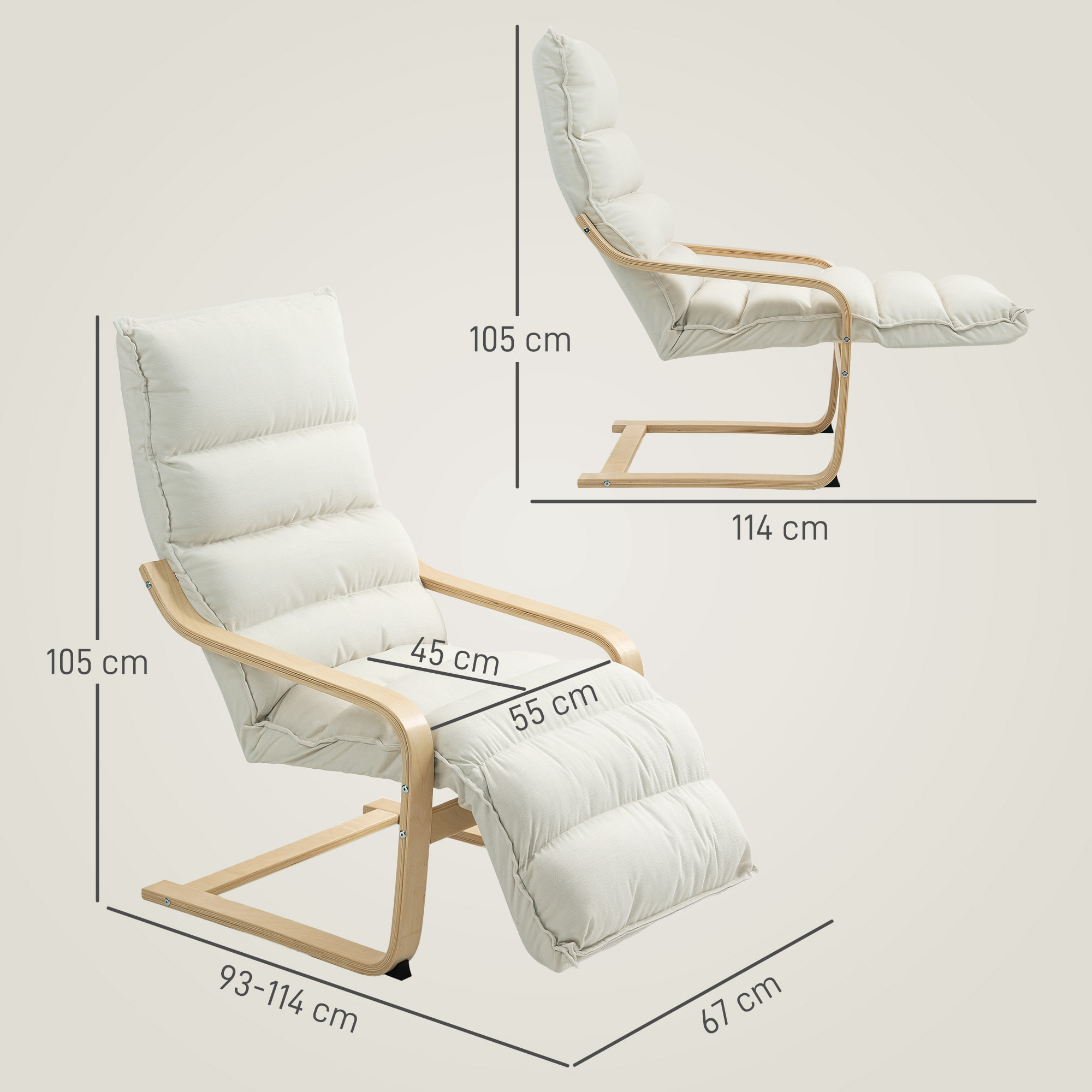 Sillón de Salón con Reposapiés Ajustable, Butaca de Salón Tapizada en Terciopelo, Marco de Madera, Sillón de Relax para Dormitorio, Oficina, Estudio, 67x93x105 cm, Crema