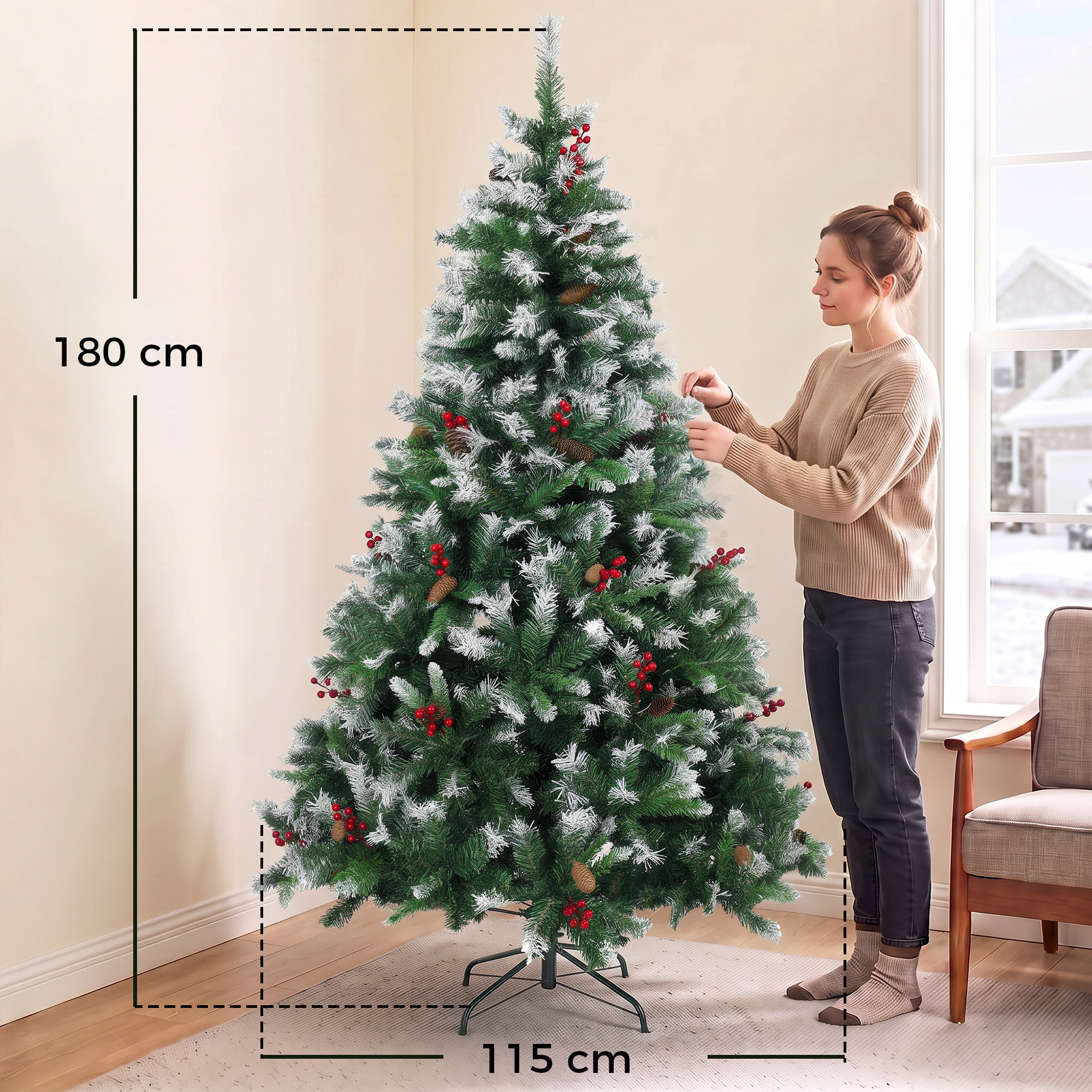 HOMCOM Árbol de Navidad 180 cm, Árbol de Navidad Artificial Nevado con 840 Ramas, Bayas Rojas, Piñas, Base de Acero Plegable, Montaje Rápido, Decoración Navideña para Salón, Interior, Verde