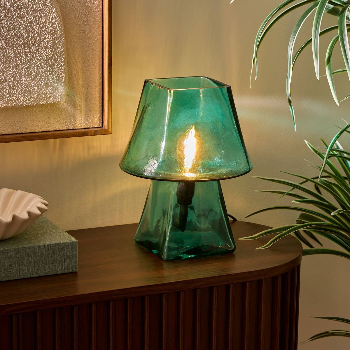 Lampe champignon Elita H.26cm en verre bleu