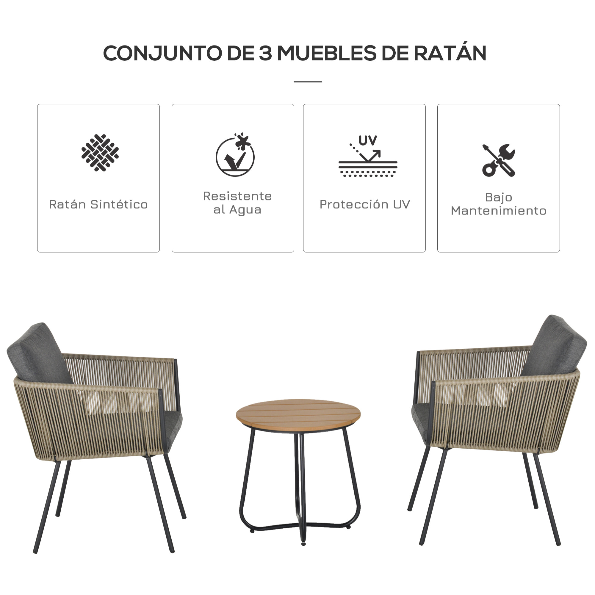 Conjunto de Muebles de Ratán 1 Mesa Redonda y 2 Sillas con Cojines para Jardín