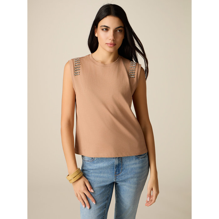 Oltre - T-shirt in cotone con castoni - Beige