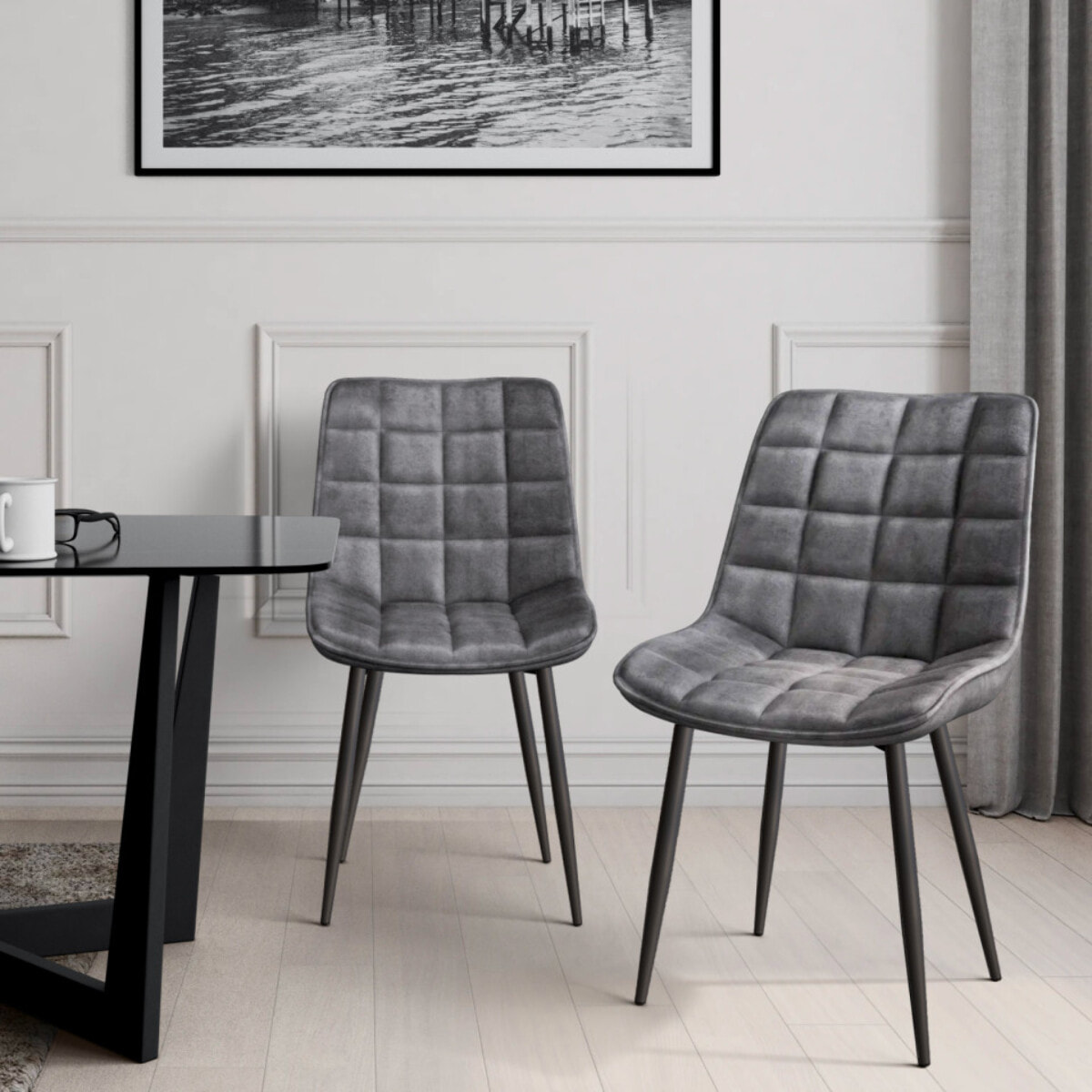 Chaises Melinda en velours - Gris clair - pieds noirs