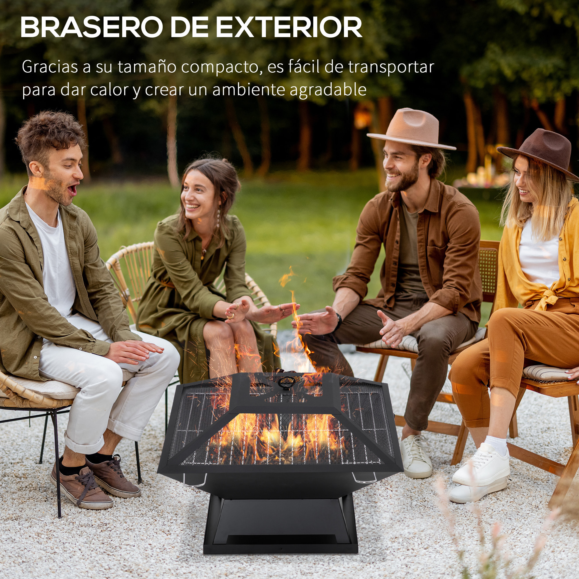 Brasero Exterior de Acero Pozo de Fuego para Jardín Multifuncional con Protector de Chispas y Atizador para Barbacoa Hogueras en Terraza Camping 45x45x34 cm Negro