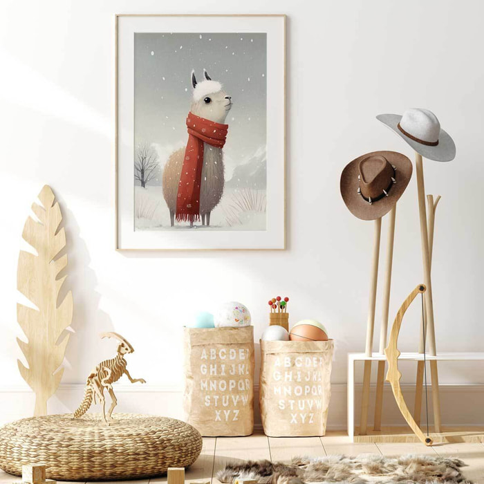 Affiche enfant lama et son écharpe  Affiche + cadre en bois - Chêne