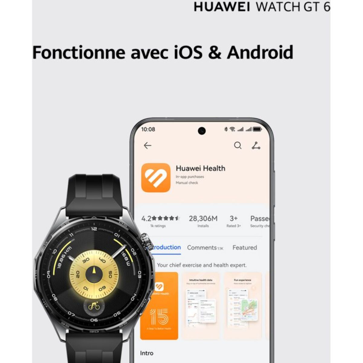 Montre connectée HUAWEI Pack Watch GT6 46mm Noir+FreeBuds6I Blanc