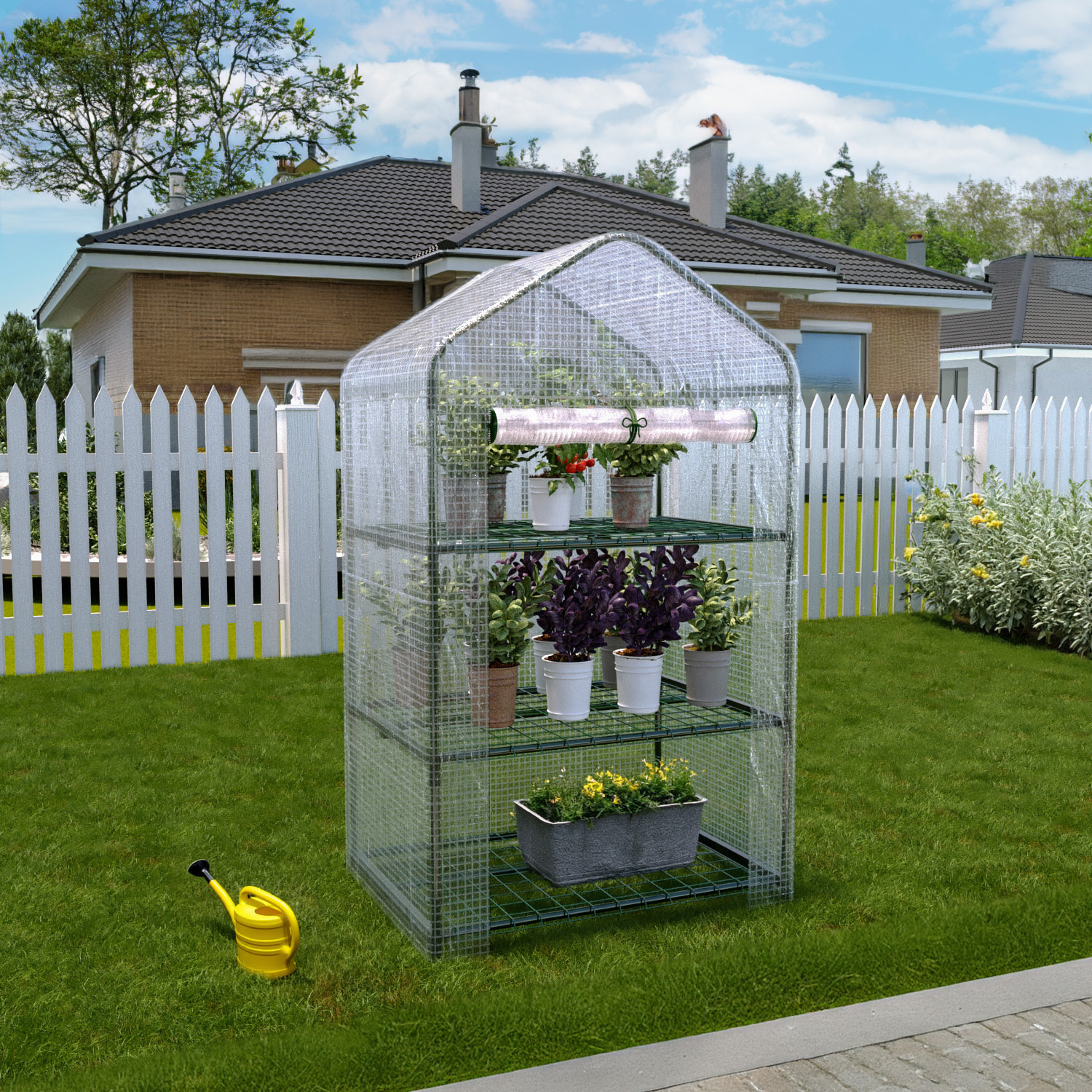 Serra A 3 Ripiani Da Giardino Per Orto Telaio In Acciaio Verniciato Telo In PVC Trasparente Porta Avvolgibile Apertura A Cerniera 69x49x125 Cm