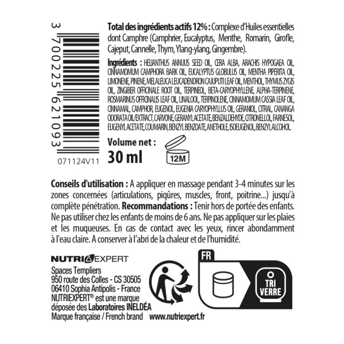NUTRI EXPERT - Baume Chinois - Soulage douleurs articulaires et musculaires - Apaise les contusions, piqûres, entorses - Aux huiles essentielles - Sans parabène - Pot 30ml