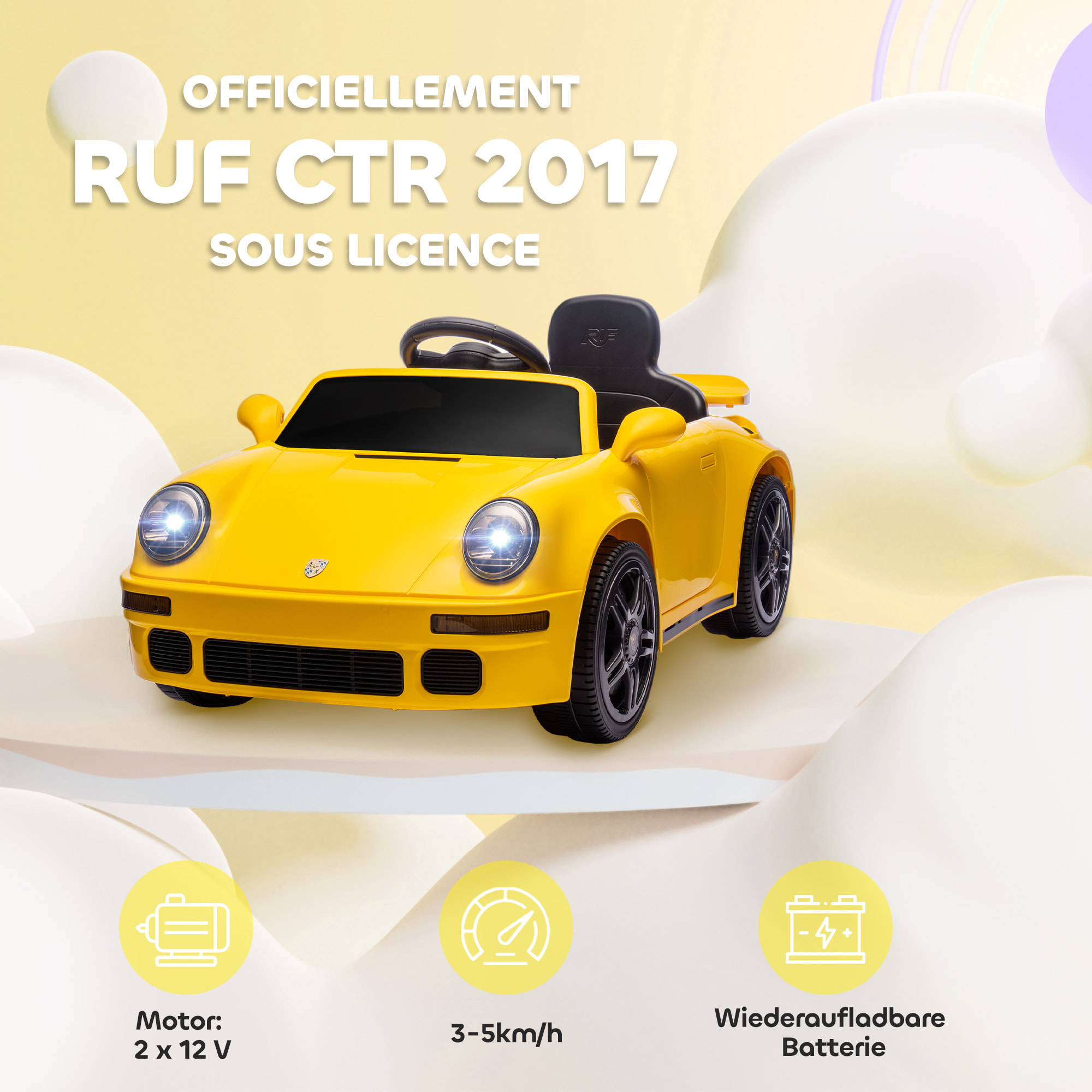 Voiture électrique enfant licence officielle RUF CTR 2017 12V 5Km/h max. télécommande nombreux effets jaune
