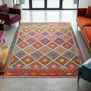 Tapis kilim géométrique, tissé à plat, artisanal en laine