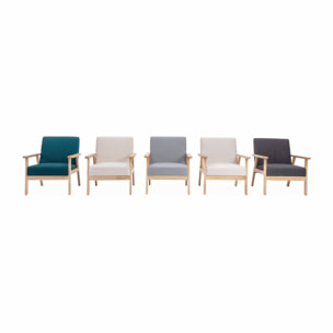 Fauteuil scandinave en bois et tissu bleu pétrole. Isak. L 64 x P 69.5 x H 73cm