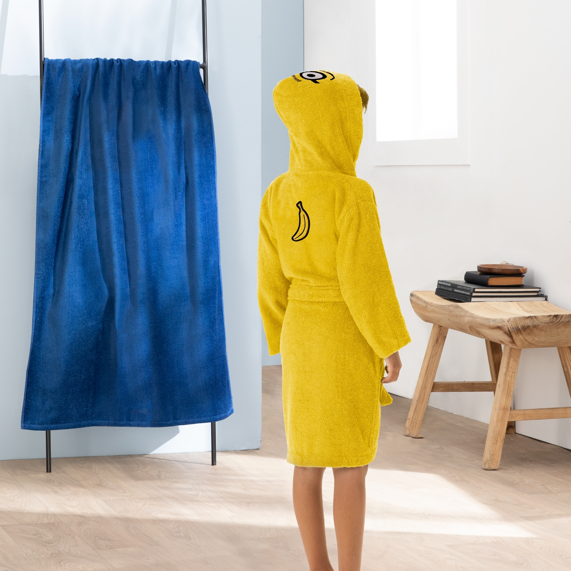 Peignoir enfant à capuche brodé bouclette 100% coton, LES MINIONS BANANA