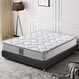 Ensemble Matelas Cosmos ressorts et mémoire de forme avec son sommier Cancun en tissu gris foncé