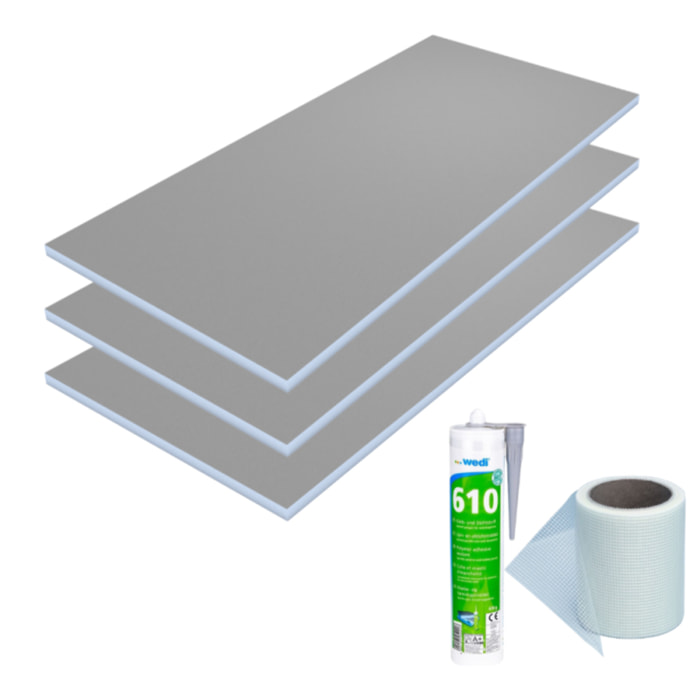 Lot de 3 panneaux de construction WEDI 250 x 60 x 8 cm + bande d'armature et colle