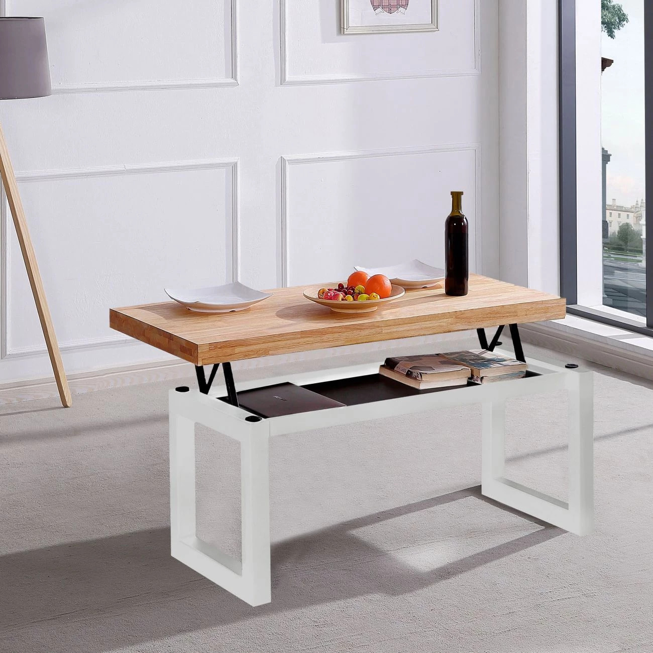 Mesa de centro elevable con almacenaje oculto en roble salvaje y blanco 120x47,5-62 cm Loft Roble salvaje - Blanco