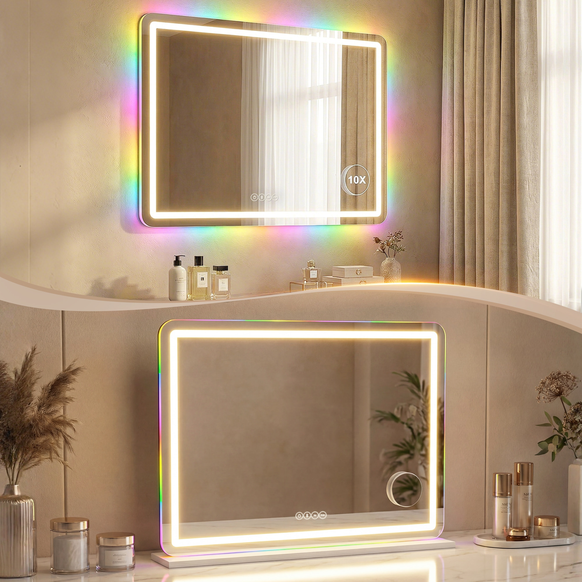 Miroir LED tactile réglable grossissant 10x HP intégré autoportant