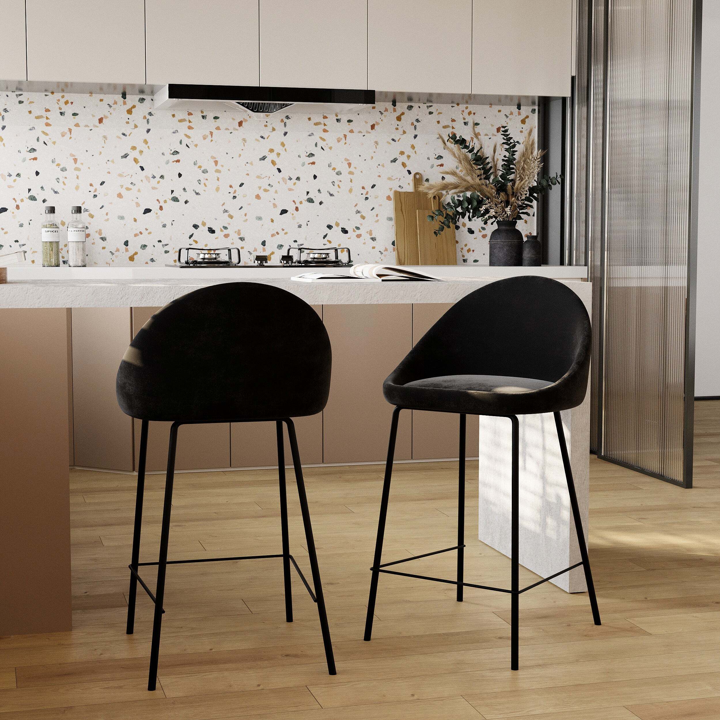 Lot de 2 chaises pour îlot central 65 cm en velours noir - Misty