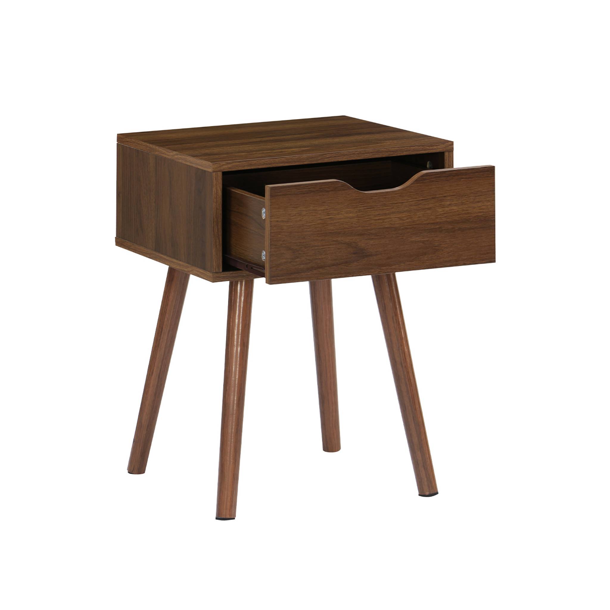 Table de chevet décor bois teinté noyer. 1 tiroir. pieds compas