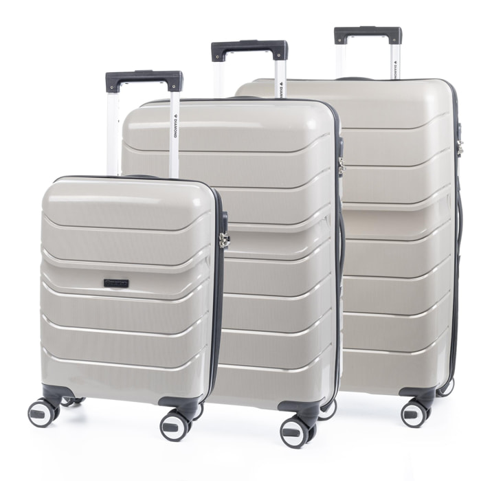 Set di 3 valigie trolley in PP resistente alla rottura. Lucchetto numerico TSA, 4 doppie ruote girevoli a 360°.