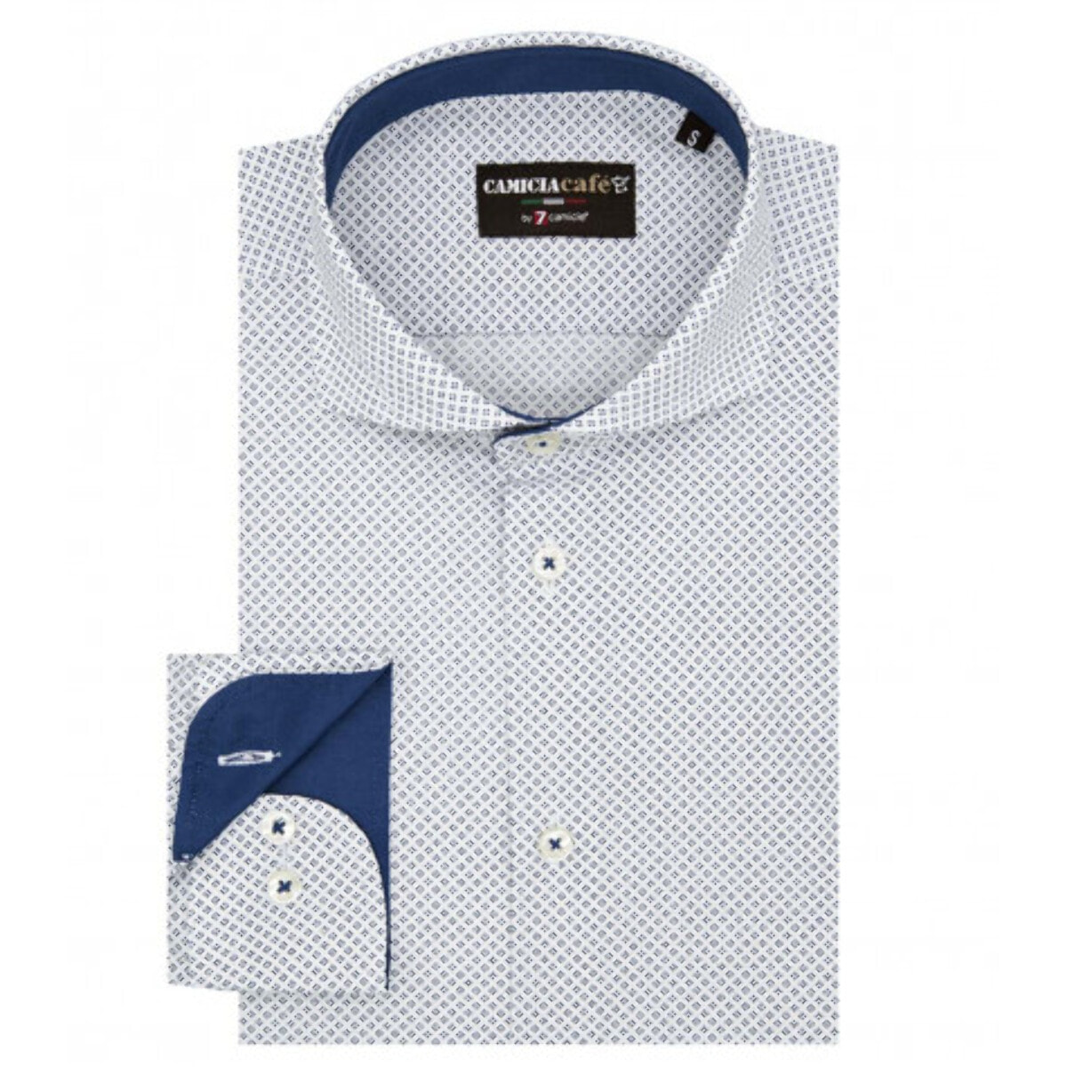 Camicia Uomo 1 Bottone Francese Slim Cotone Poliestere Stampato Bianco e Blu