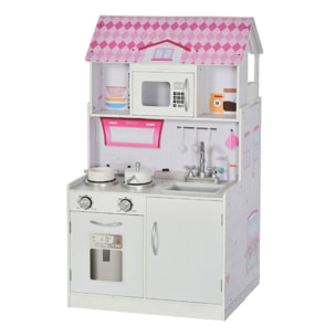 Cuisine bois jeu d'imitation - maison de poupée cuisine enfant 2 en 1 - nombreux accessoires & rangements inclus - MDF pin rose blanc