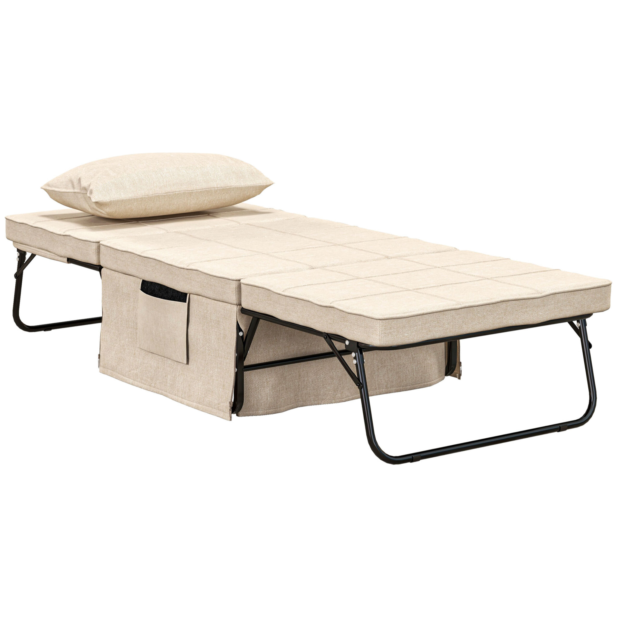 Sofá Cama de 1 Plaza 4 en 1, Sillón Cama Plegable, Tapizado en Lino, con Respaldo Ajustable de 5 Niveles, Almohada Acolchada, para Oficina, Dormitorio, Salón, 75x80x74 cm, Crema