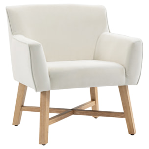 HOMCOM Butaca de Salón Tapizada en Terciopelo Sillón Relax Moderno con Asiento Reposabrazos Acolchados Patas de Madera y Base Cruzada para Dormitorio 67x65x74 cm Blanco