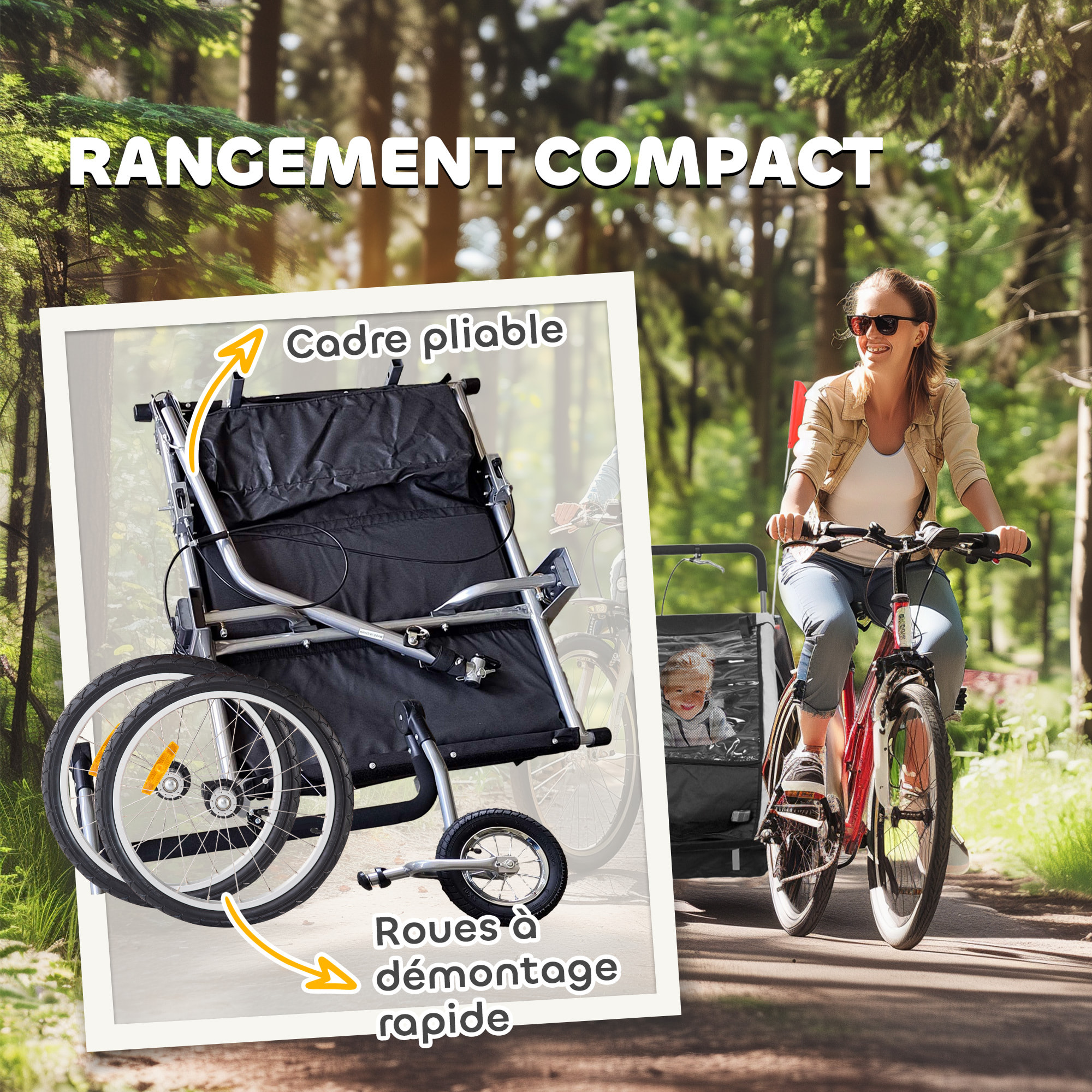 Remorque vélo jogger 2 en 1 enfant drapeau roue avant pivotante réflecteurs barre d'attelage inclus noir blanc