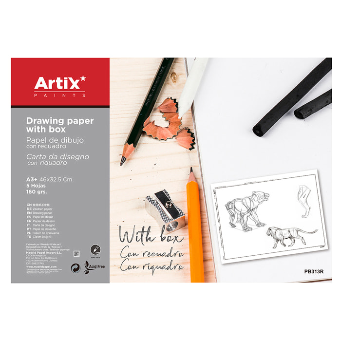 12 packs PAPEL DE DIBUJO CON RECUADRO A3+ 5 HOJAS