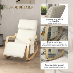 Fauteuil à bascule - fauteuil relax repose-pied réglable, poche rangement, tétière - bois tissu beige clair