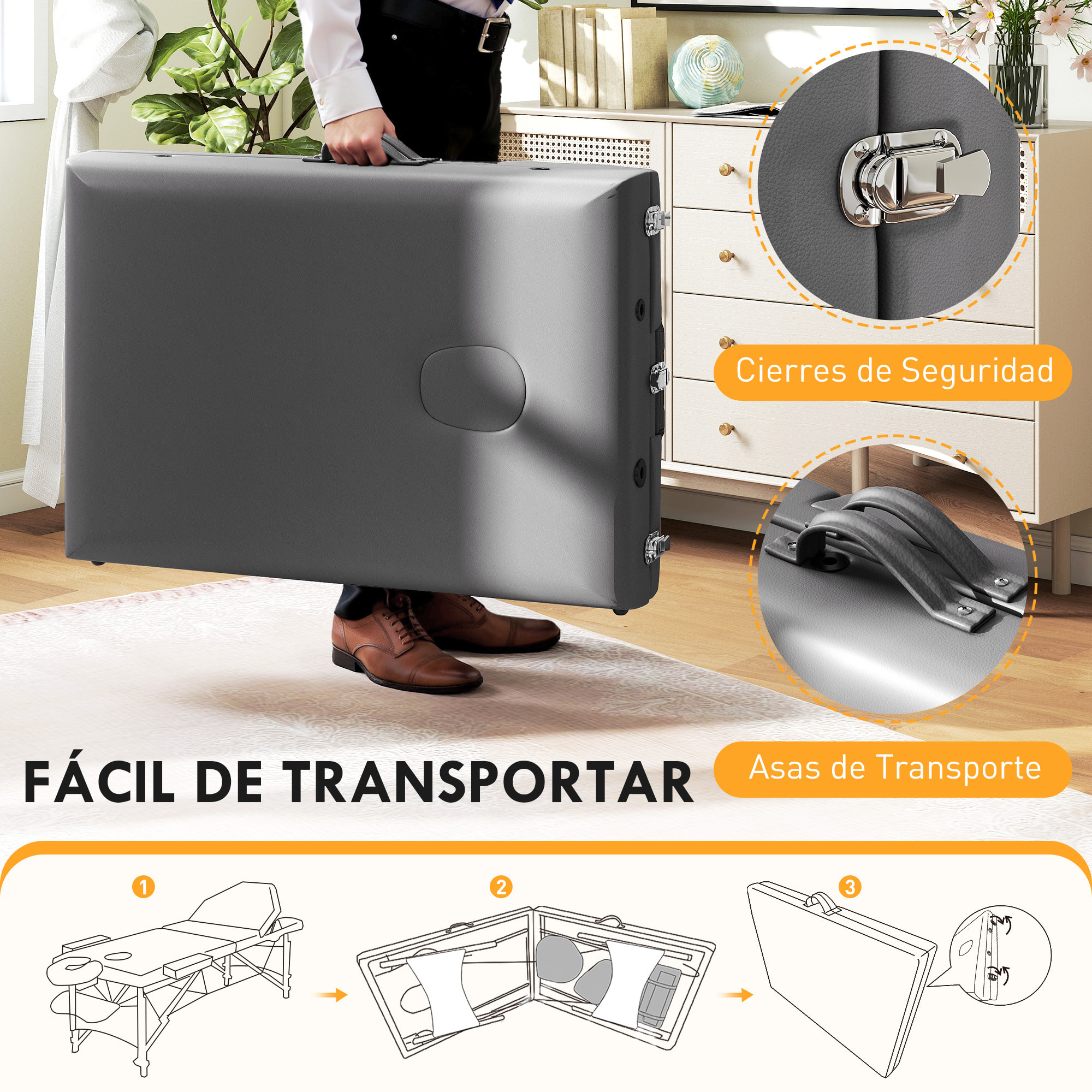 Camilla Masaje Plegable Portátil Camilla Estética Profesional de Madera de 3 Zonas con Altura, Respaldo, Soporte para Piernas, Reposacabezas Ajustables Brazos Acolchados 215x60x64-89 cm Gris