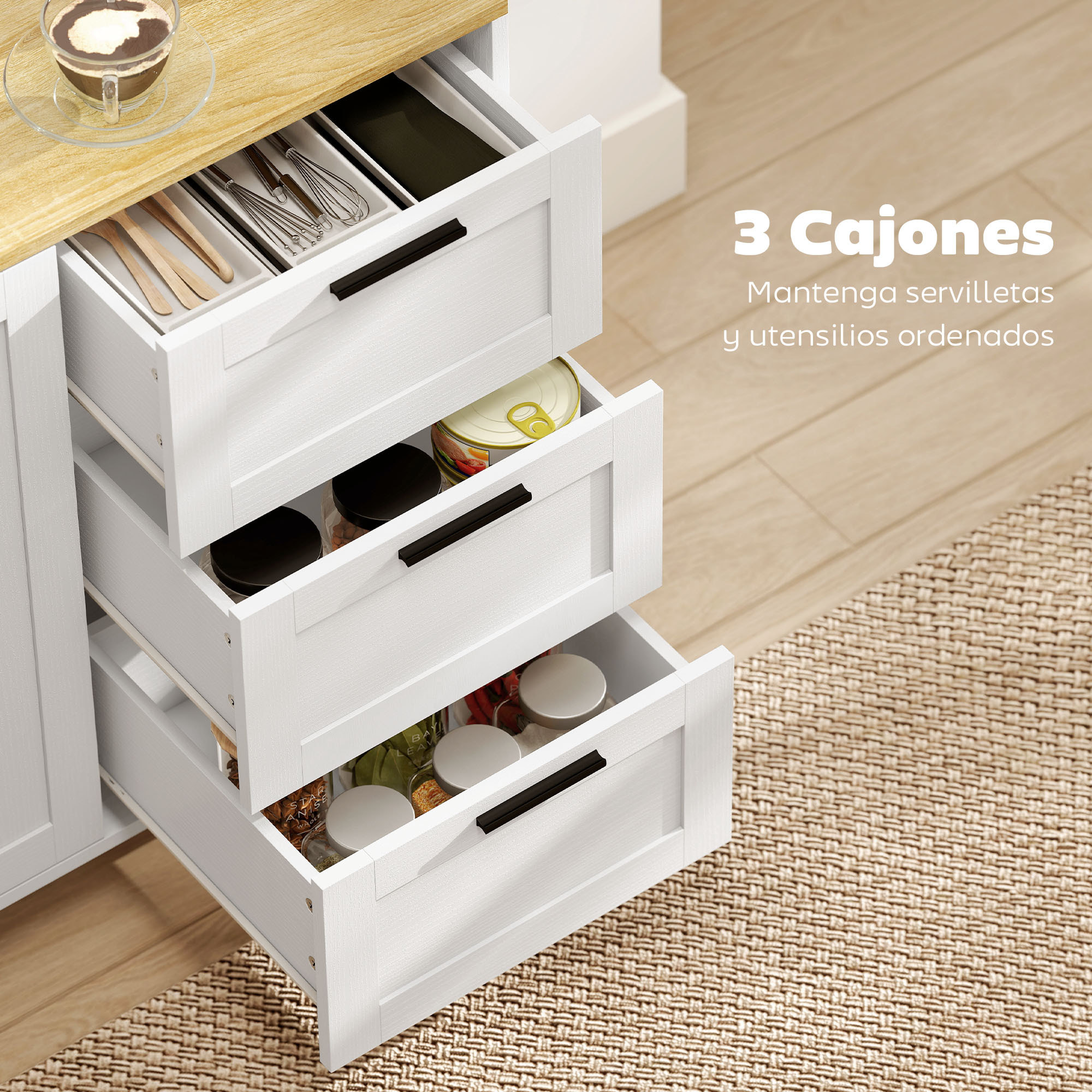 Aparador 2 Puertas, Aparador para Salón Moderno, con 3 Cajones, Estante Ajustable y Patas de Madera, para Comedor, Entrada, Dormitorio, 120x38x76 cm, Blanco