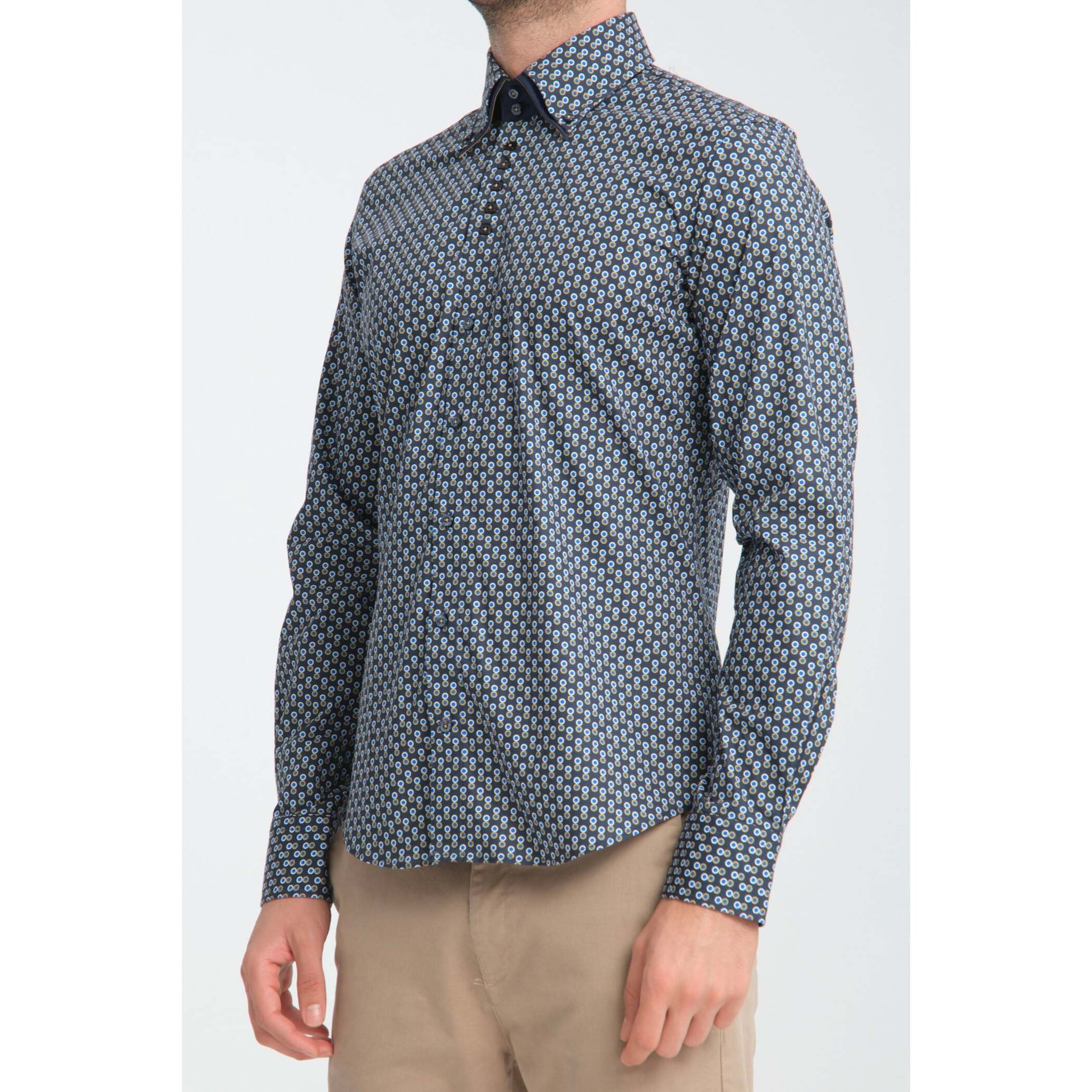 Camicia Uomo 2 Bottoni Button Down 7bottoni Doppio Coll Popeline Stretch Stampato Blu e Ocra
